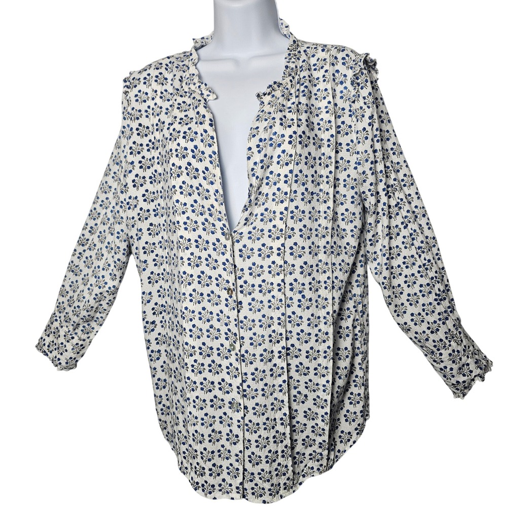 Banjanan Womens M Blue White Floral Ruffle Pleated Blouse Cottagecore